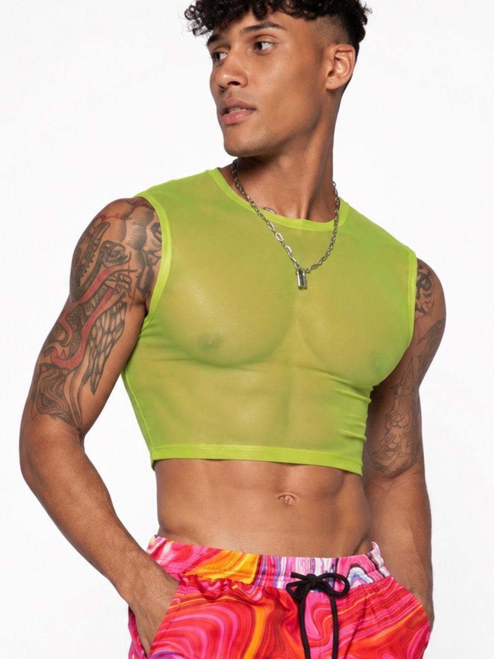 Shein Crop Top Mens Green Mesh Sheer Large Rave Party New Shirt